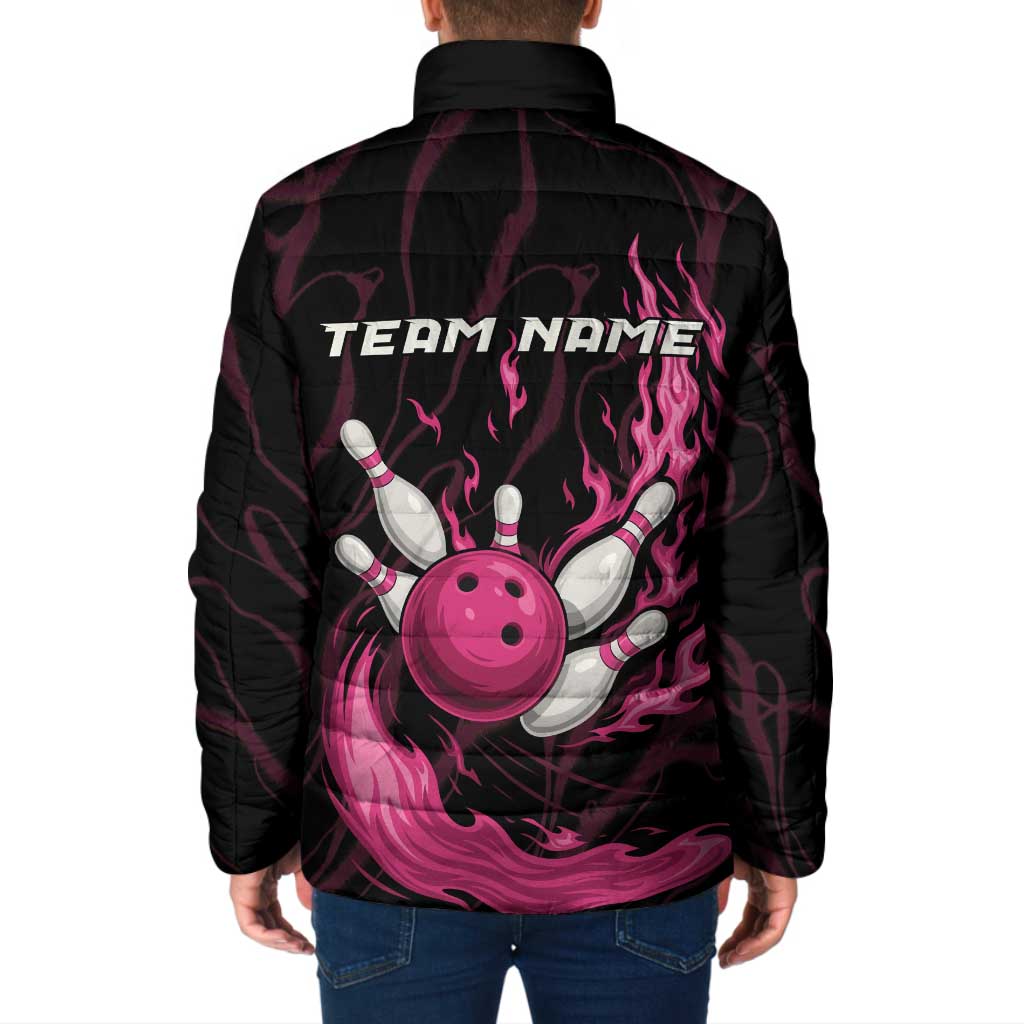 Black padded jacket with pink flaming bowling ball graphic, pins, and TEAM NAME text on back