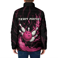 Black padded jacket with pink flaming bowling ball graphic, pins, and TEAM NAME text on back