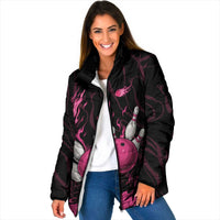 Black padded jacket with pink flame bowling ball and pins graphic, zip front and hooded collar