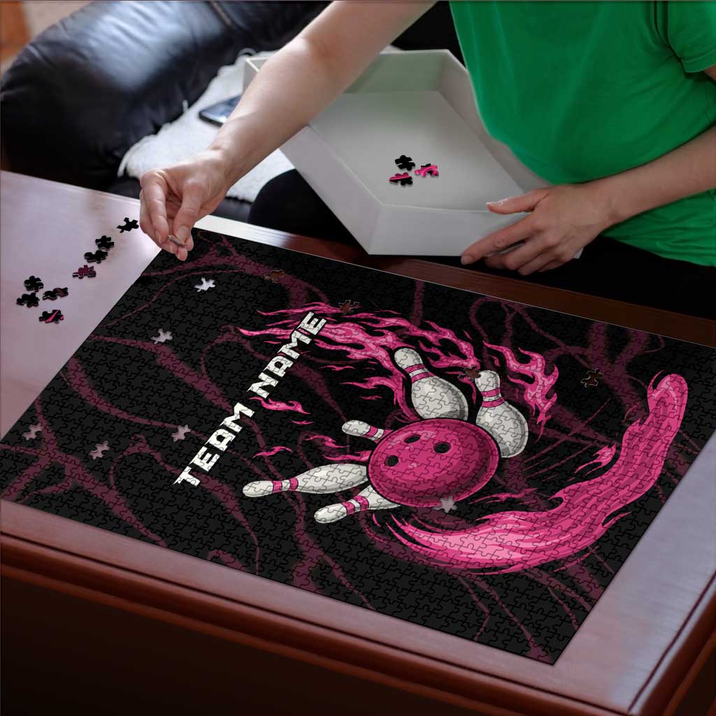 Flaming bowling pins and ball jigsaw puzzle being assembled with loose pieces
