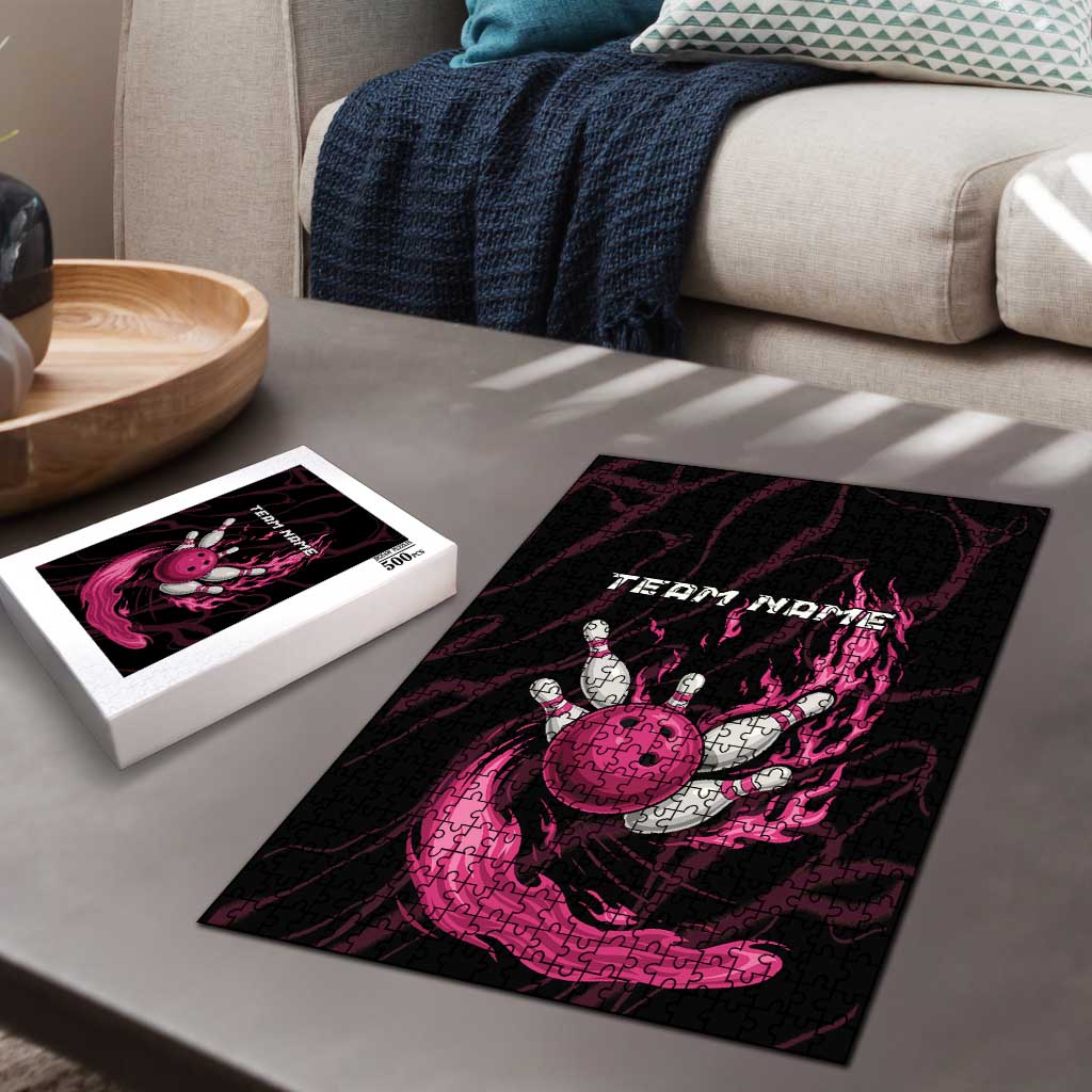 Flaming bowling ball jigsaw puzzle with matching box, magenta flame graphic and Team Name