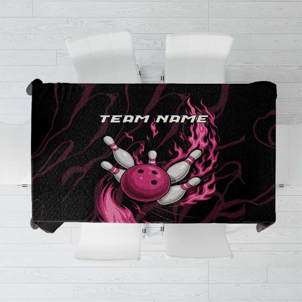 Black tablecloth with pink flaming bowling ball and pins graphic