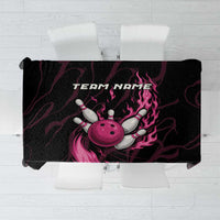 Black tablecloth with pink flaming bowling ball and pins graphic