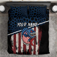 Bedding set with shark and American flag graphic on blue hex pattern, black base, name text