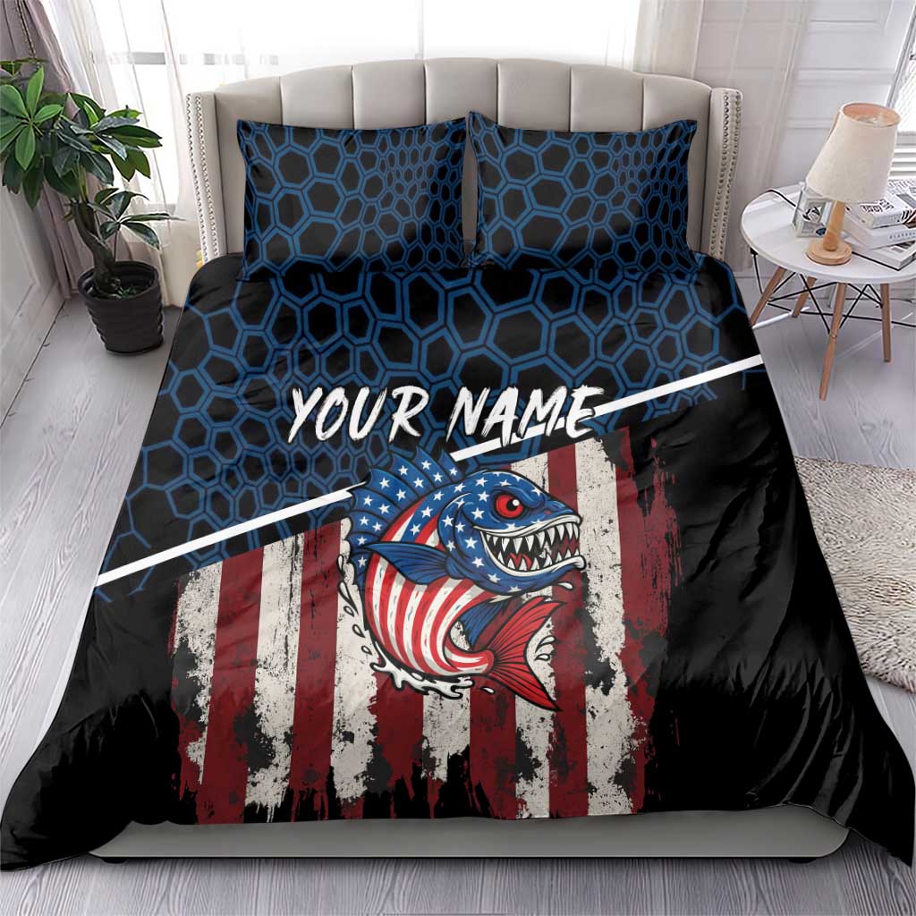Shark and American flag bedding set with blue hex pattern, black bedding and two matching pillows