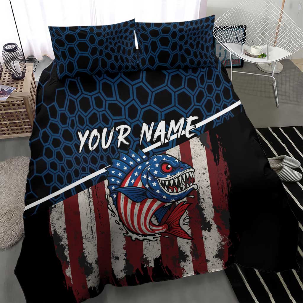 Bedding set featuring shark and American flag over blue hex pattern on a black background