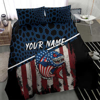 Bedding set featuring shark and American flag over blue hex pattern on a black background