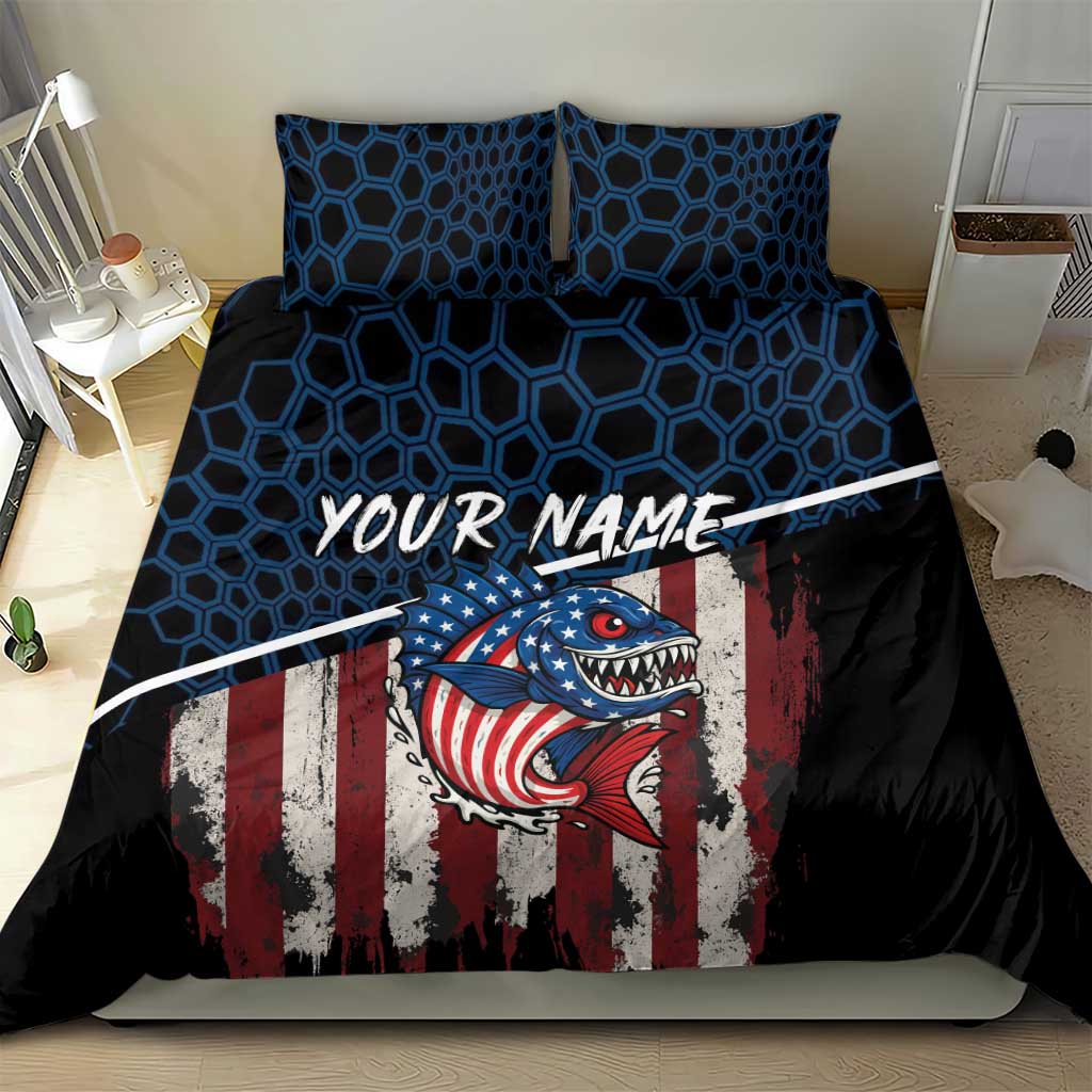 Shark and American flag duvet set with blue hex pattern and two pillows, black reverse side