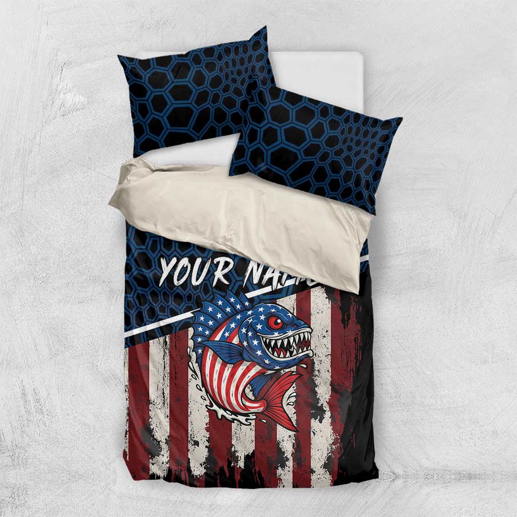 Bedding set with blue hex pattern and shark American flag artwork, includes two pillowcases