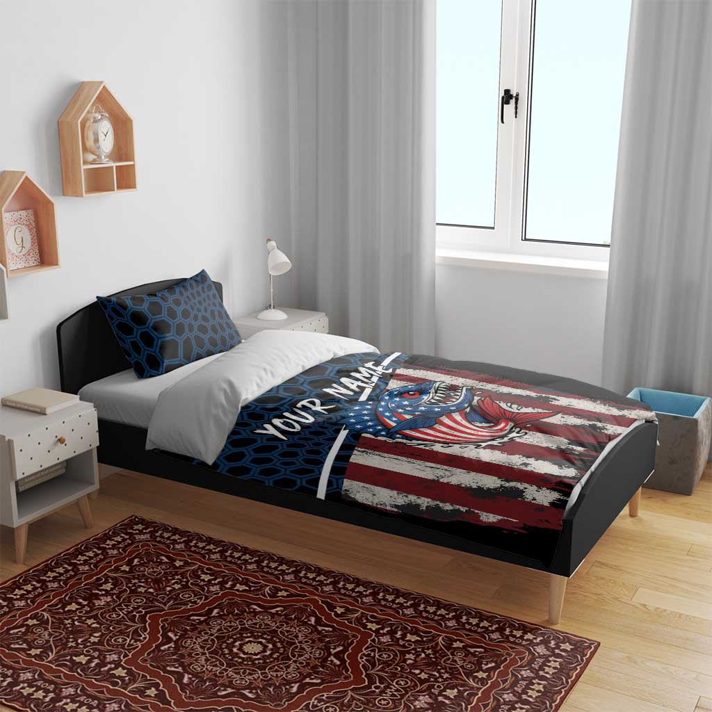 Shark and American flag themed bedding set with blue hex pattern on black duvet and pillows
