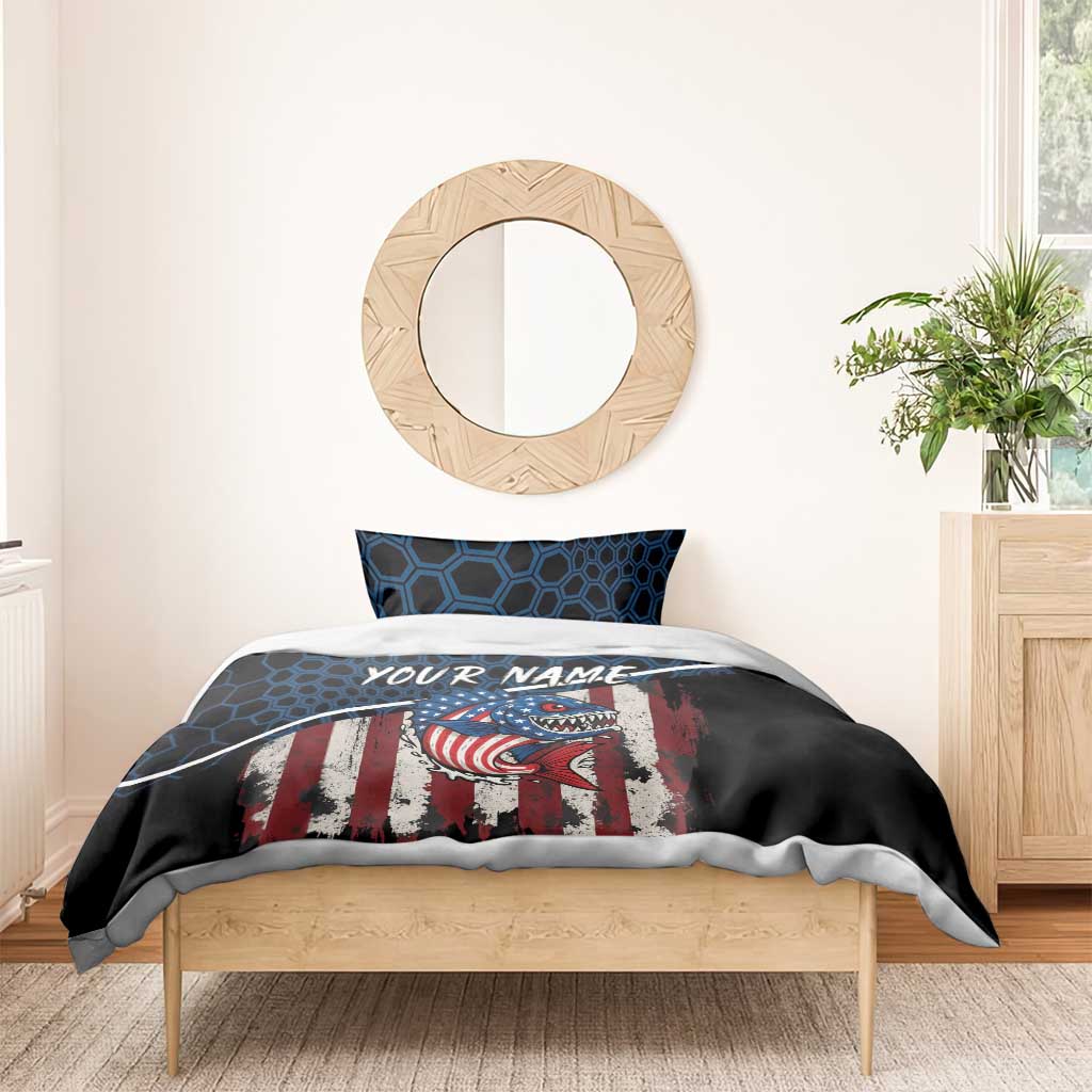 Shark and American flag bedding set with blue hex pattern, black duvet with name banner