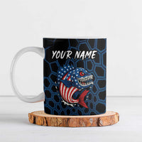 Ceramic mug with blue hex pattern, aggressive bass and American flag; "YOUR NAME" front
