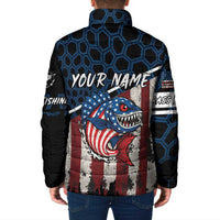 Back view padded zip jacket with blue hex pattern, American flag shark graphic, and name text