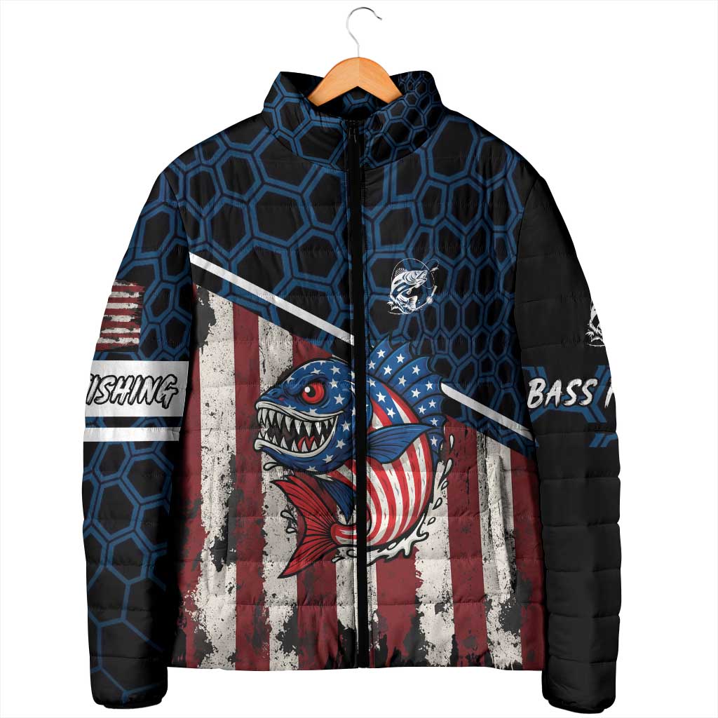 Padded zip jacket featuring blue hex pattern and large American flag shark graphic