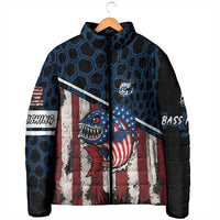 Padded zip jacket featuring blue hex pattern and large American flag shark graphic