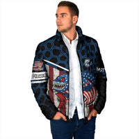 Padded zip jacket with blue hex pattern, American flag shark graphic, and black side panels