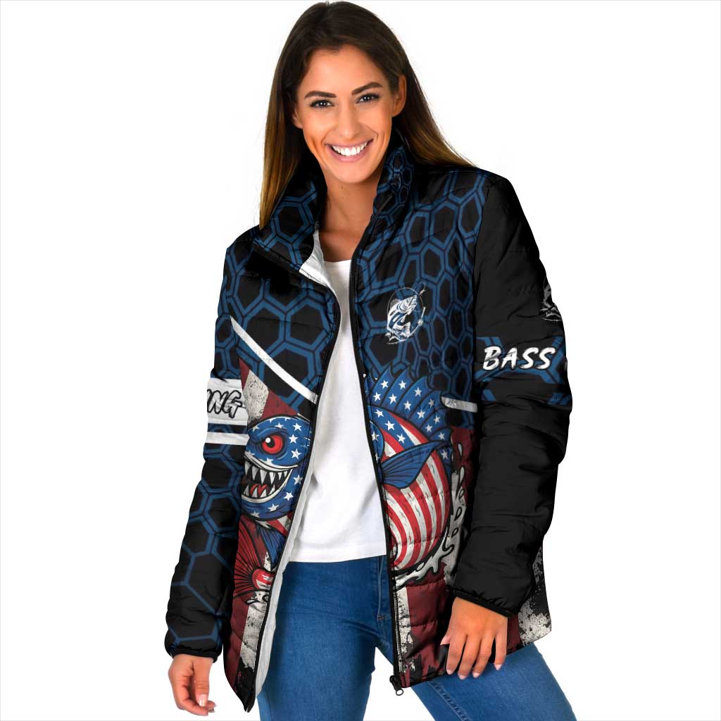 Padded zip jacket worn by model: blue hex pattern with American flag shark graphic