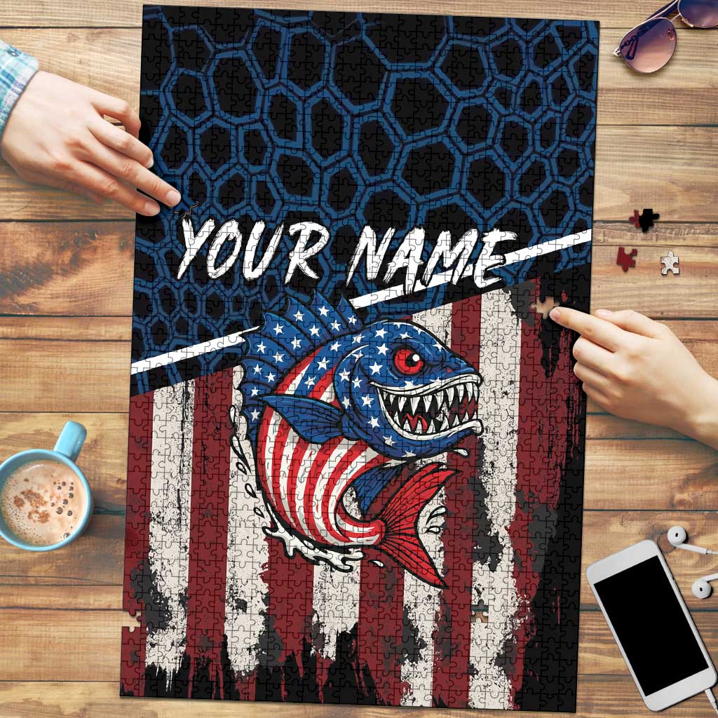 Aggressive Bass Fishing Puzzle with American Flag Pattern on Grunge Hex Background - Wonder Print Shop