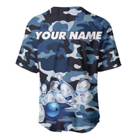 Blue Camouflage Pattern Baseball Jersey with Bowling Pins and Ball Graphic Design - Wonder Print Shop