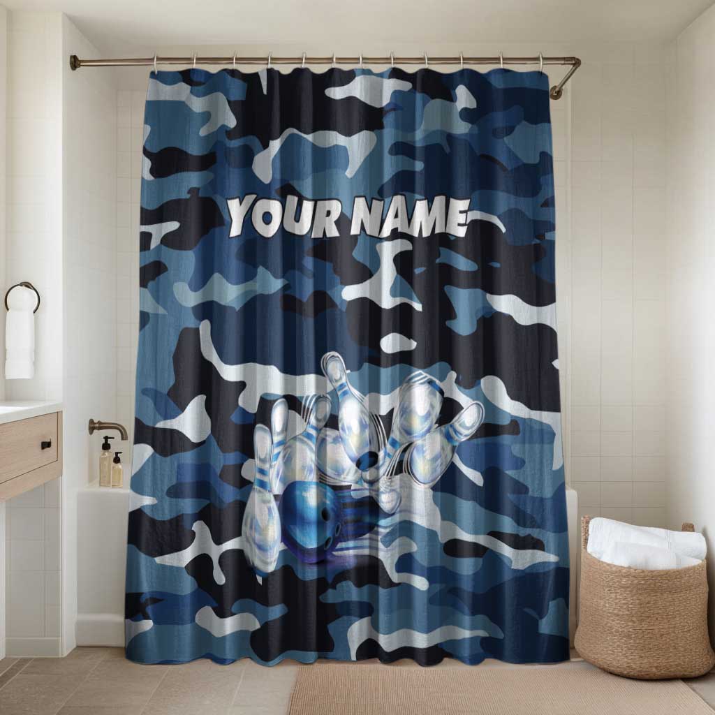 Blue Camouflage Pattern Bathroom Set with Bowling Pins and Ball Graphic Design - Wonder Print Shop