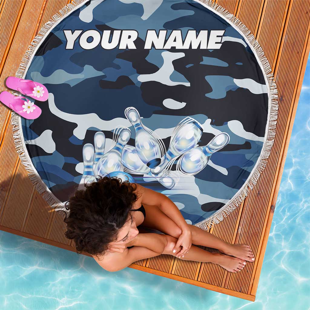 Blue Camouflage Pattern Beach Blanket with Bowling Pins and Ball Graphic Design - Wonder Print Shop