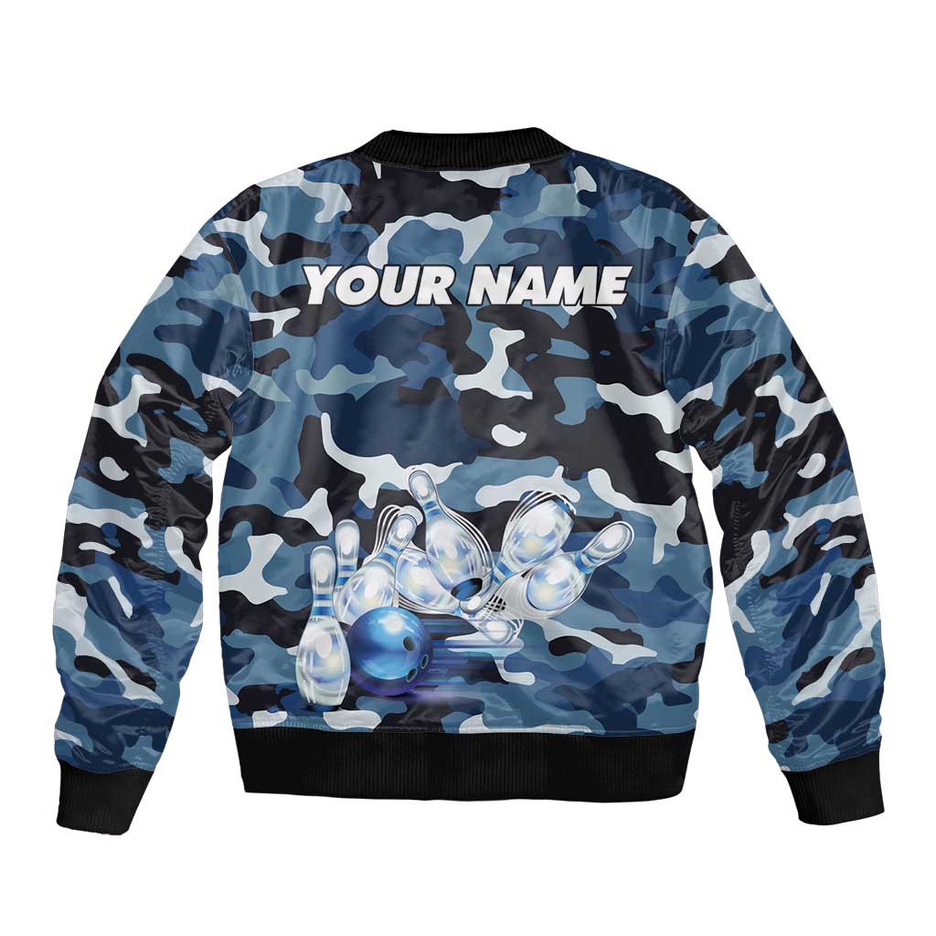 Blue Camouflage Pattern Bomber Jacket with Bowling Pins and Ball Graphic Design - Wonder Print Shop