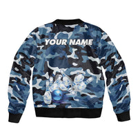 Blue Camouflage Pattern Bomber Jacket with Bowling Pins and Ball Graphic Design - Wonder Print Shop