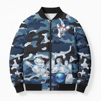 Blue Camouflage Pattern Bomber Puffer Jacket with Bowling Pins and Ball Graphic Design - Wonder Print Shop