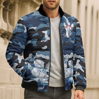 Blue Camouflage Pattern Bomber Puffer Jacket with Bowling Pins and Ball Graphic Design - Wonder Print Shop