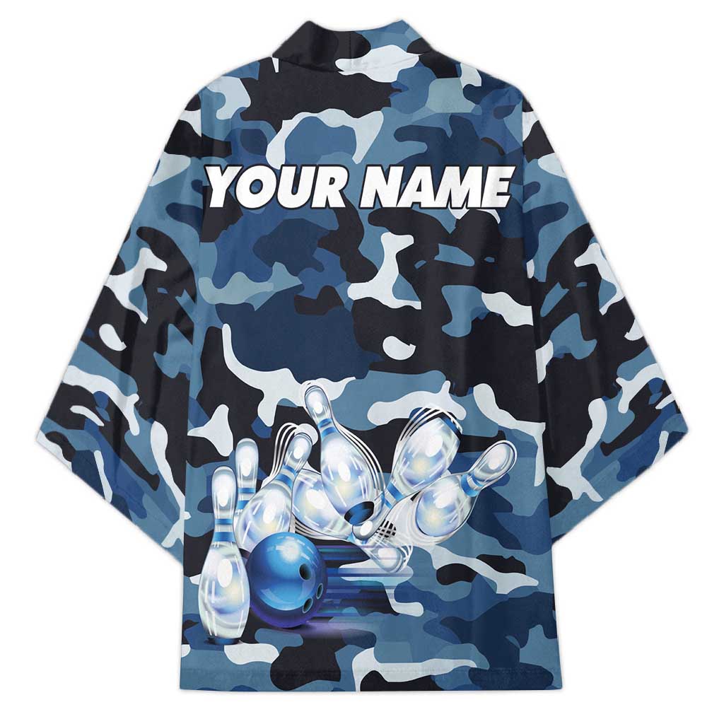 Blue Camouflage Pattern Kimono with Bowling Pins and Ball Graphic Design - Wonder Print Shop