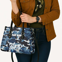 Blue Camouflage Pattern Leather Bag with Bowling Pins and Ball Graphic Design - Wonder Print Shop