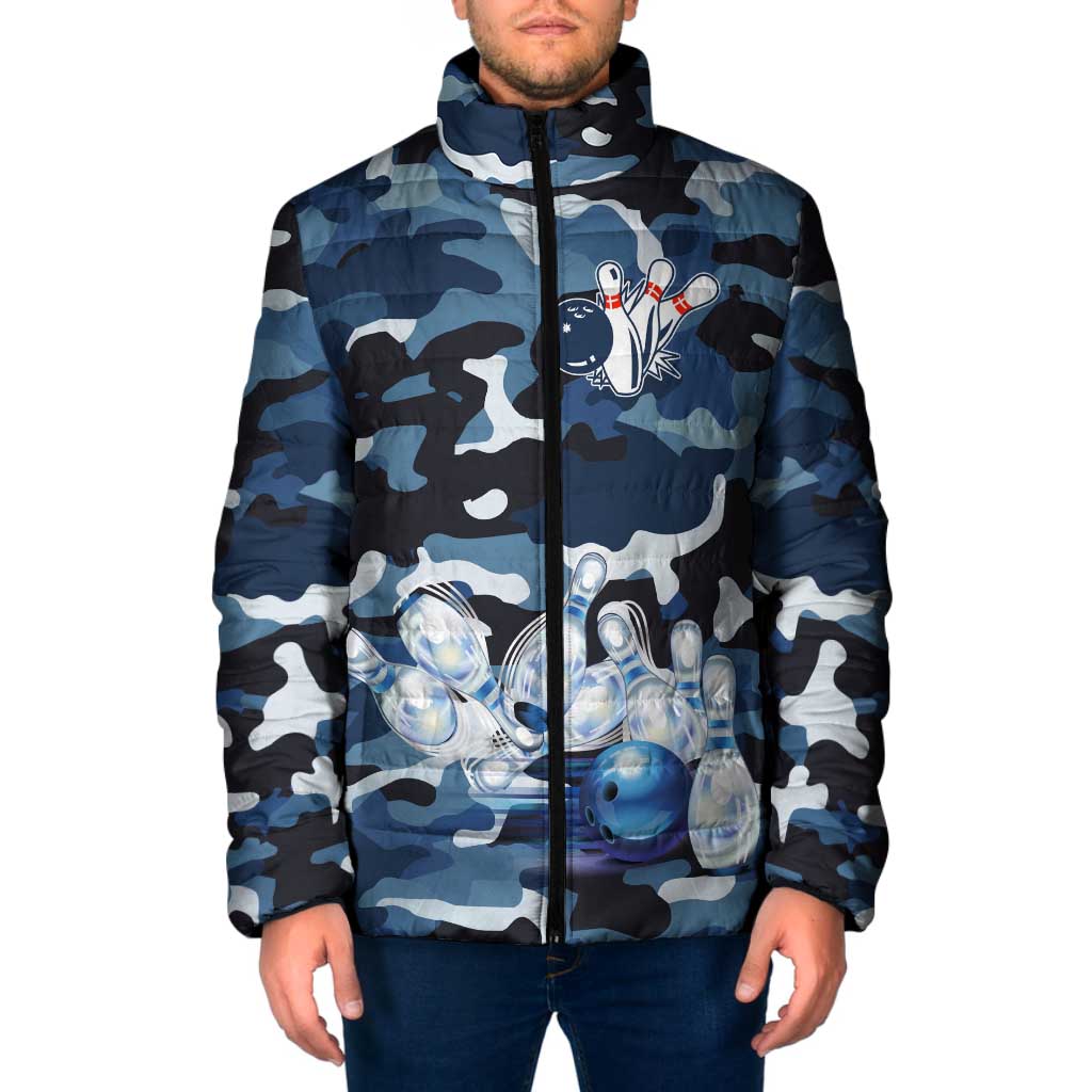 Blue Camouflage Pattern Padded Jacket with Bowling Pins and Ball Graphic Design - Wonder Print Shop