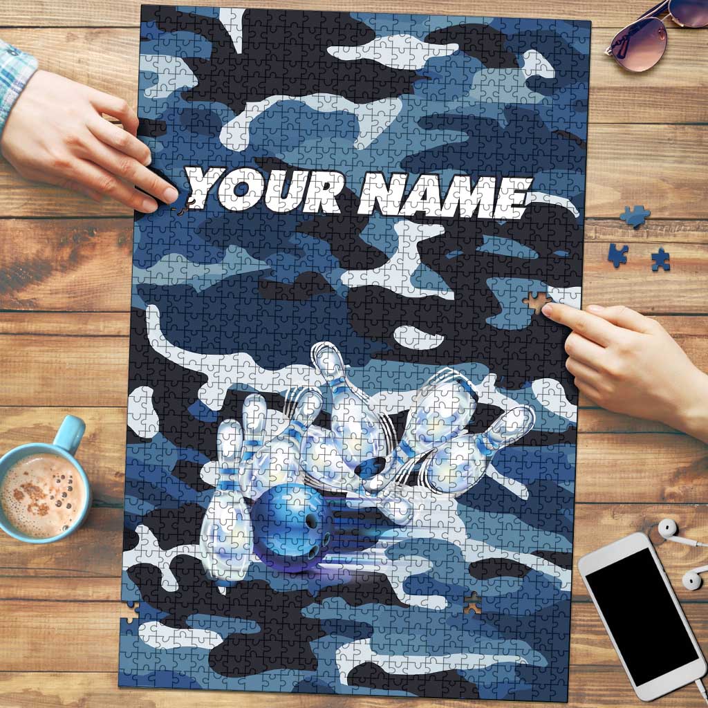 Blue Camouflage Pattern Puzzle with Bowling Pins and Ball Graphic Design - Wonder Print Shop