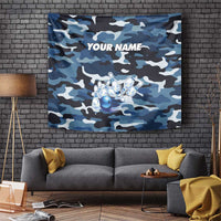 Blue Camouflage Pattern Tapestry with Bowling Pins and Ball Graphic Design - Wonder Print Shop