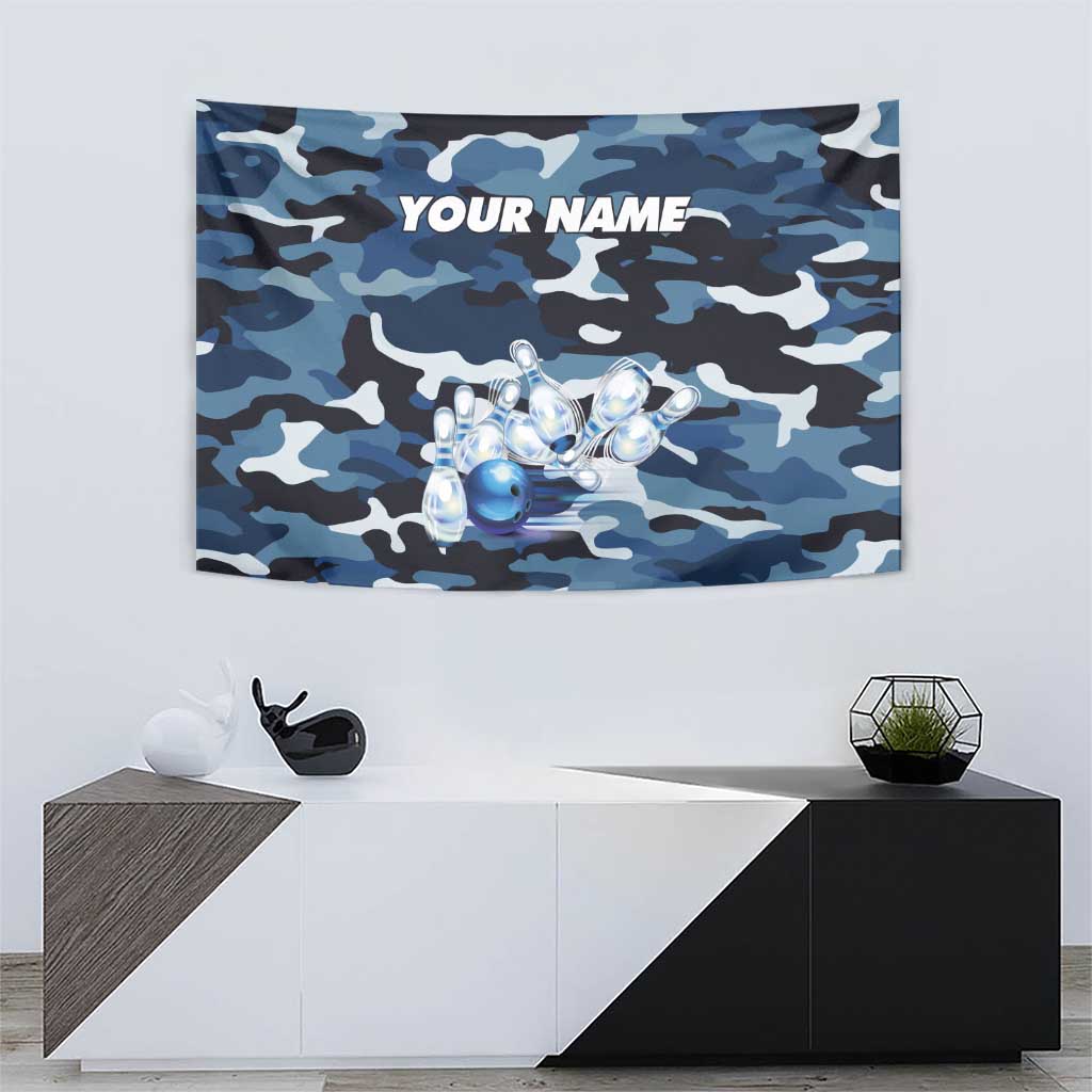 Blue Camouflage Pattern Tapestry with Bowling Pins and Ball Graphic Design - Wonder Print Shop
