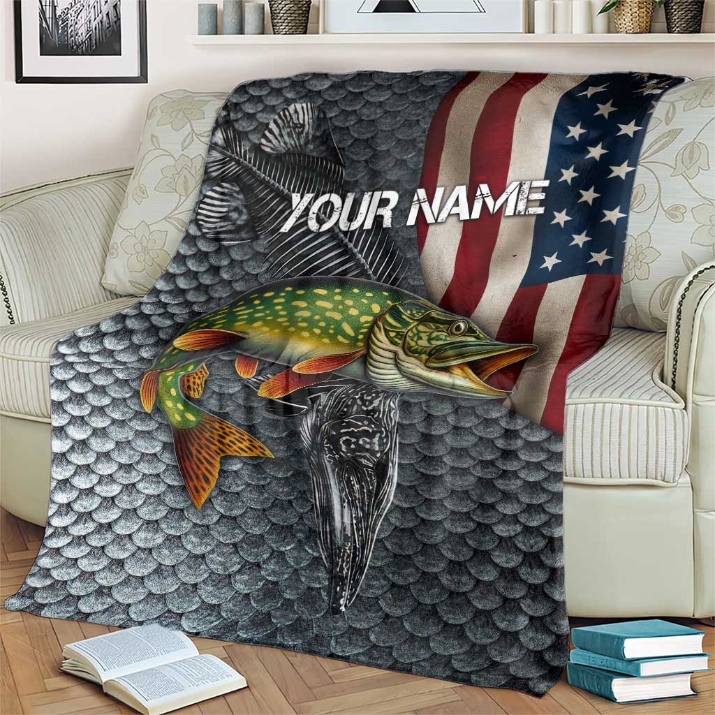 Pike Fishing Blanket with American Flag and Realistic Fish Scale Texture Design - Wonder Print Shop