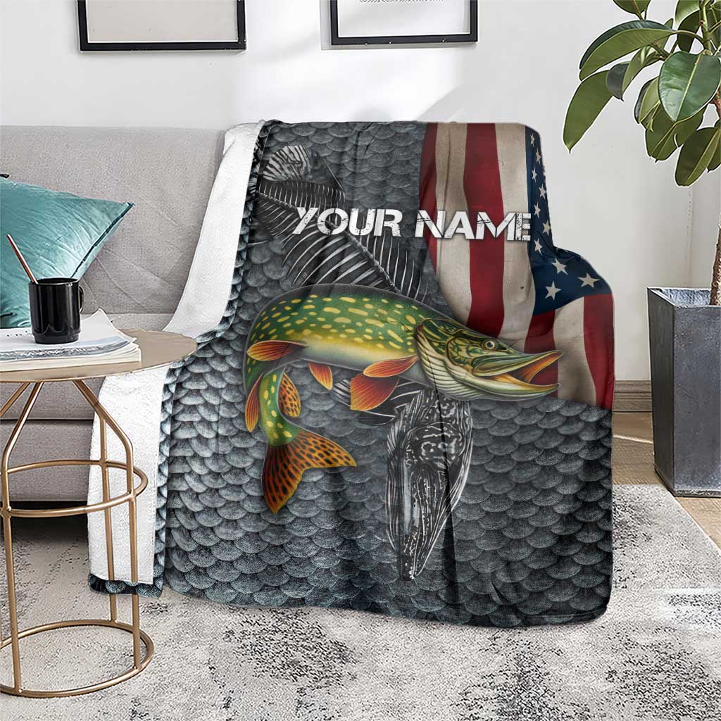 Pike Fishing Blanket with American Flag and Realistic Fish Scale Texture Design - Wonder Print Shop