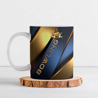 Ceramic coffee mug with blue and gold bowling graphic and crown pin design