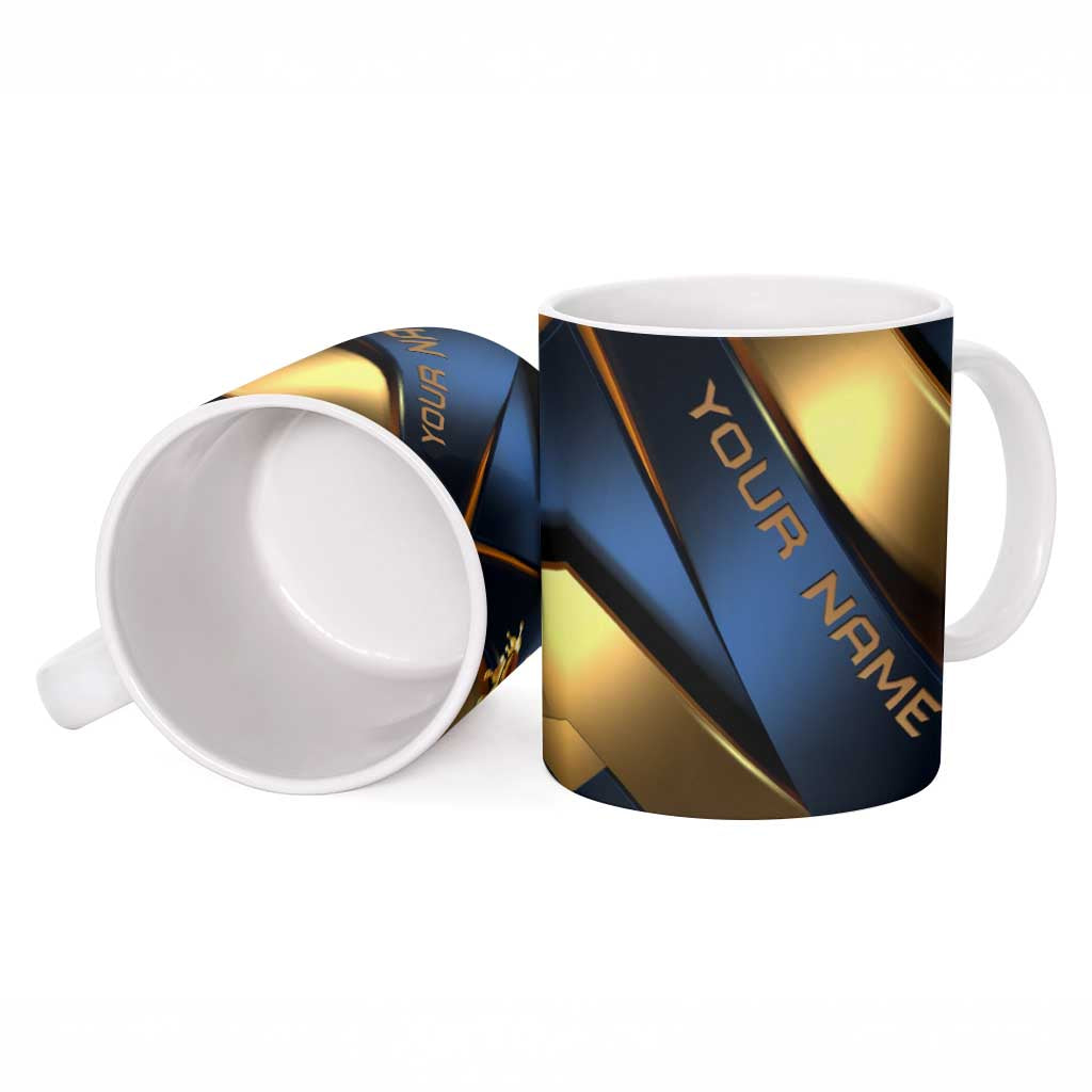 Ceramic coffee mug with handle, blue and gold bowling graphic, open view