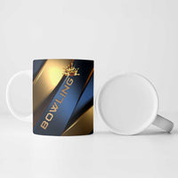 Ceramic coffee mug with bowling graphic and crown pin motif, side view