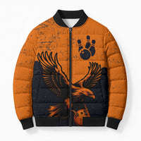 Flying Eagle Carrying Bowling Ball Bomber Puffer Jacket with Grunge Orange and Black Splatter Design - Wonder Print Shop