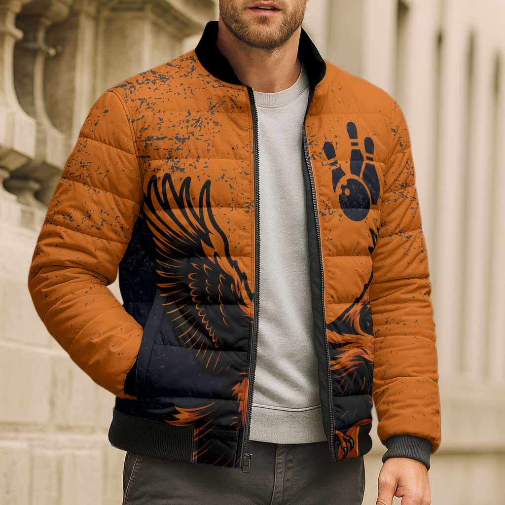 Flying Eagle Carrying Bowling Ball Bomber Puffer Jacket with Grunge Orange and Black Splatter Design - Wonder Print Shop