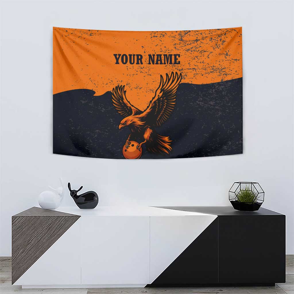 Flying Eagle Carrying Bowling Ball Tapestry with Grunge Orange and Black Splatter Design - Wonder Print Shop