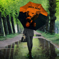 Flying Eagle Carrying Bowling Ball Umbrella with Grunge Orange and Black Splatter Design - Wonder Print Shop