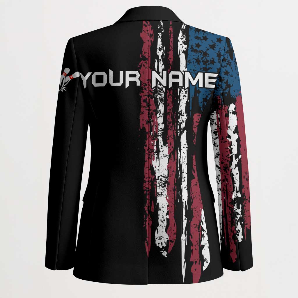 Distressed American Flag Blazer with Bowling Pins and Ball Vertical Stripe Design - Wonder Print Shop