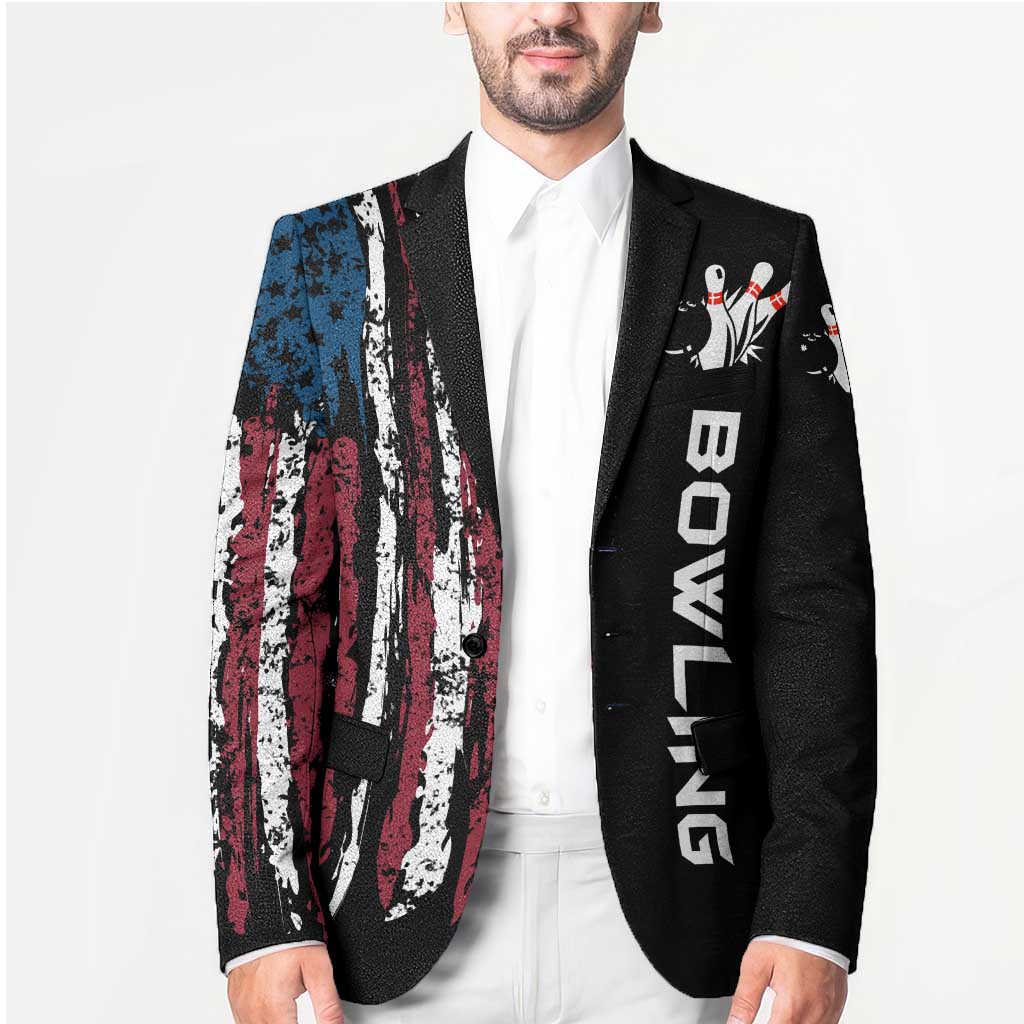 Distressed American Flag Blazer with Bowling Pins and Ball Vertical Stripe Design - Wonder Print Shop