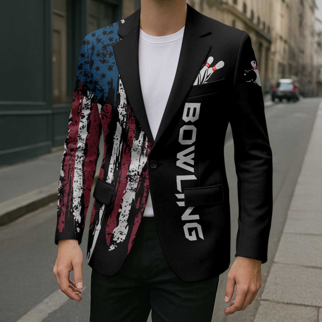 Distressed American Flag Blazer with Bowling Pins and Ball Vertical Stripe Design - Wonder Print Shop