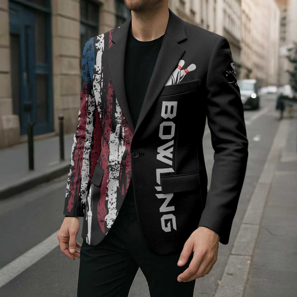 Distressed American Flag Blazer with Bowling Pins and Ball Vertical Stripe Design - Wonder Print Shop