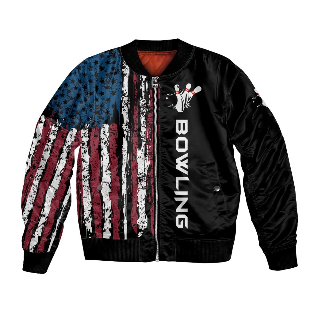 Distressed American Flag Bomber Jacket with Bowling Pins and Ball Vertical Stripe Design - Wonder Print Shop