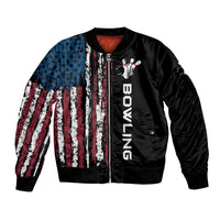 Distressed American Flag Bomber Jacket with Bowling Pins and Ball Vertical Stripe Design - Wonder Print Shop